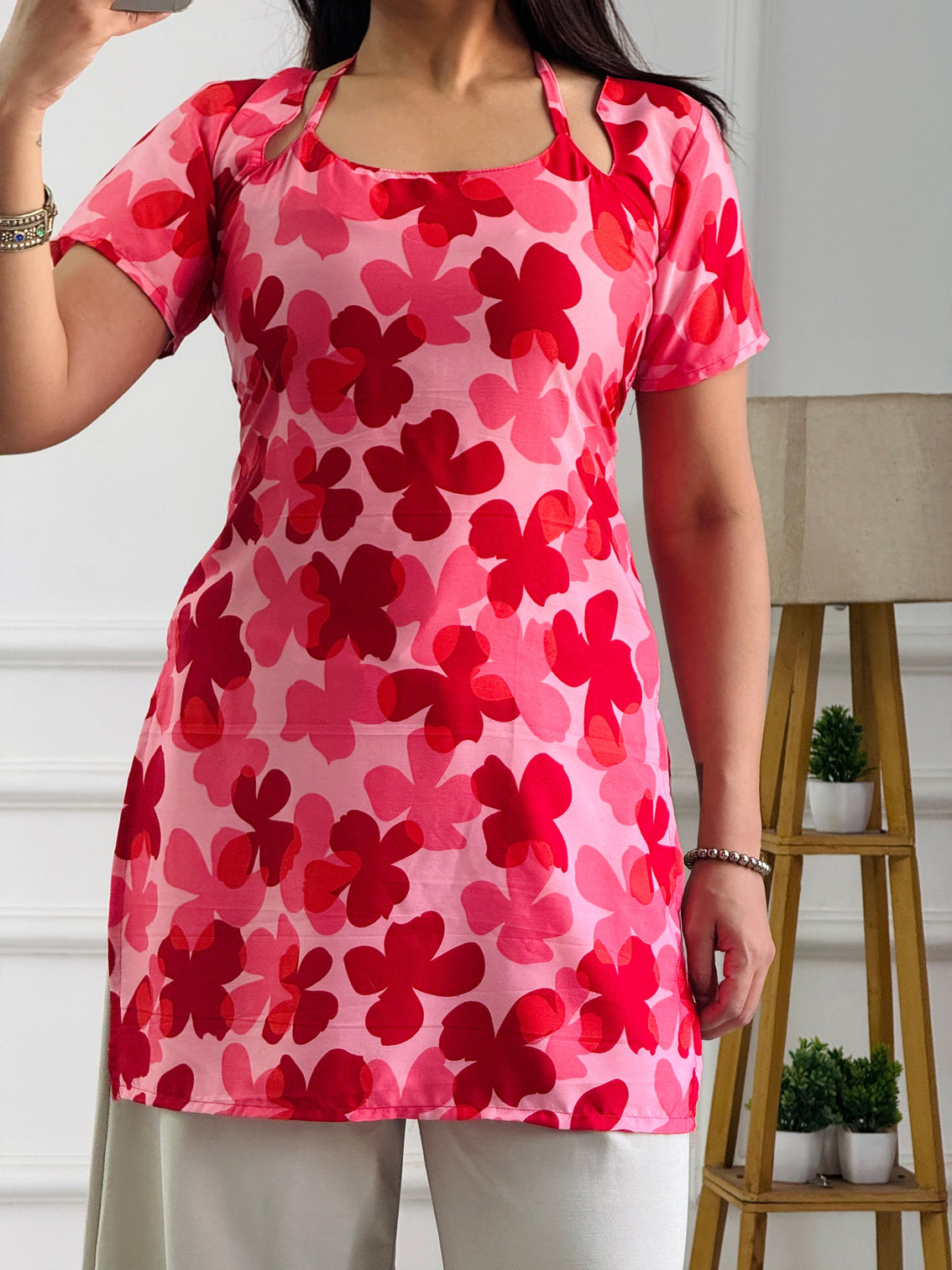 Pop art pink floral multi wear tunic adjustable fit