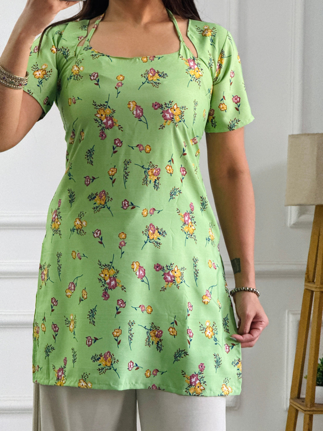 Lime green floral cambric cotton kurti with corset back
