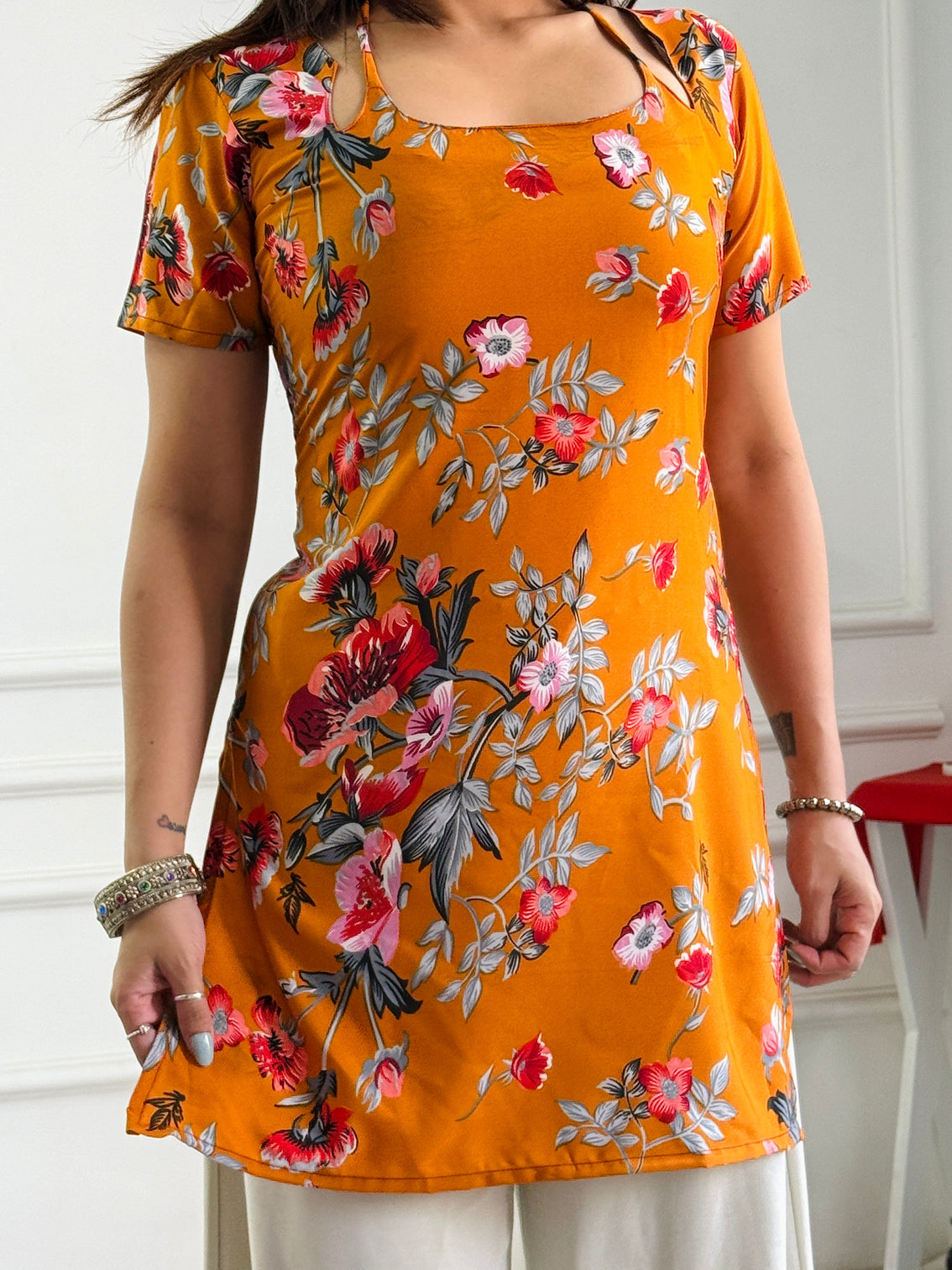 Marigold floral print kurti with adjustable corset back