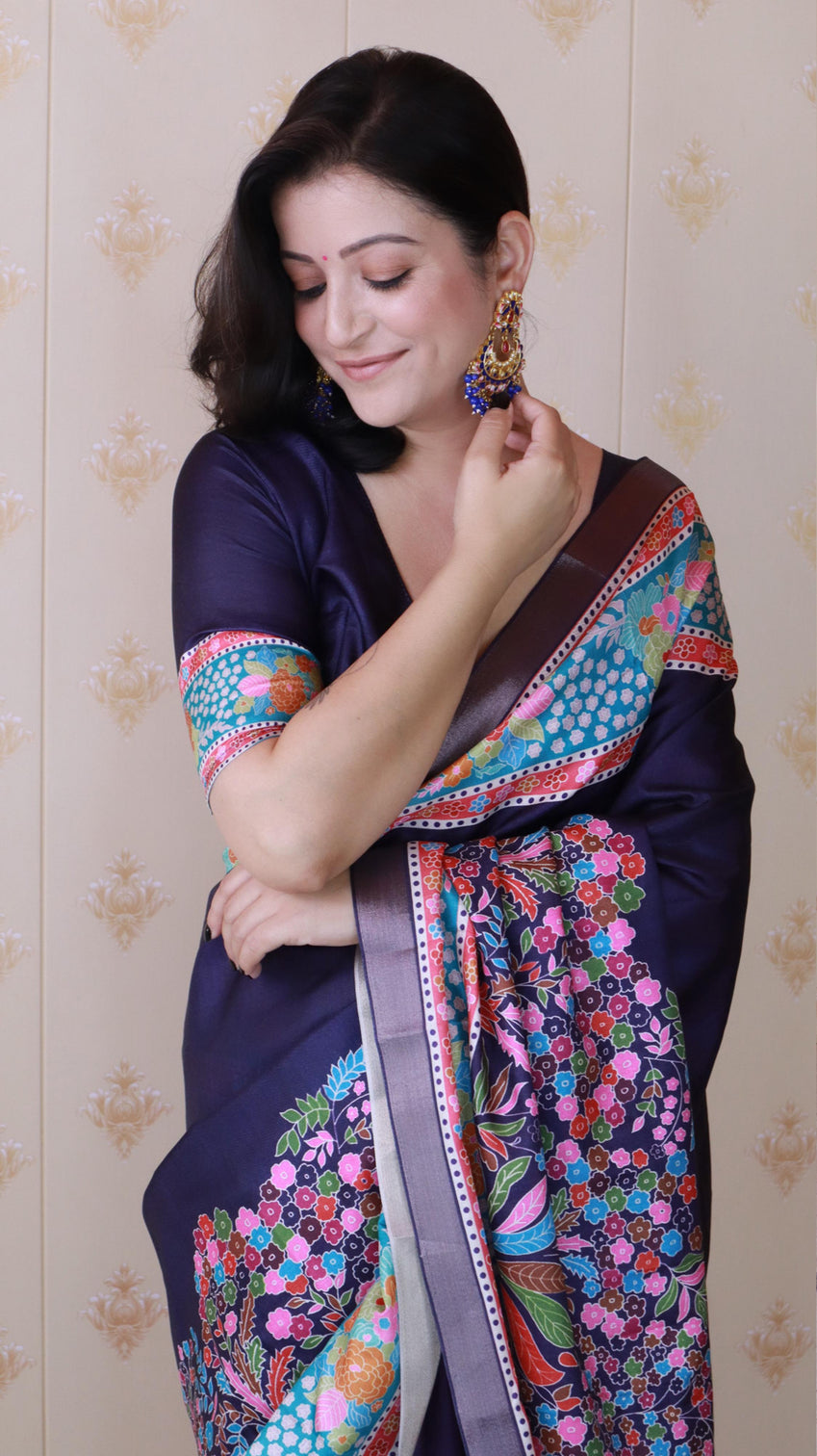 Navy blue tussar silk floral printed saree with zari woven border