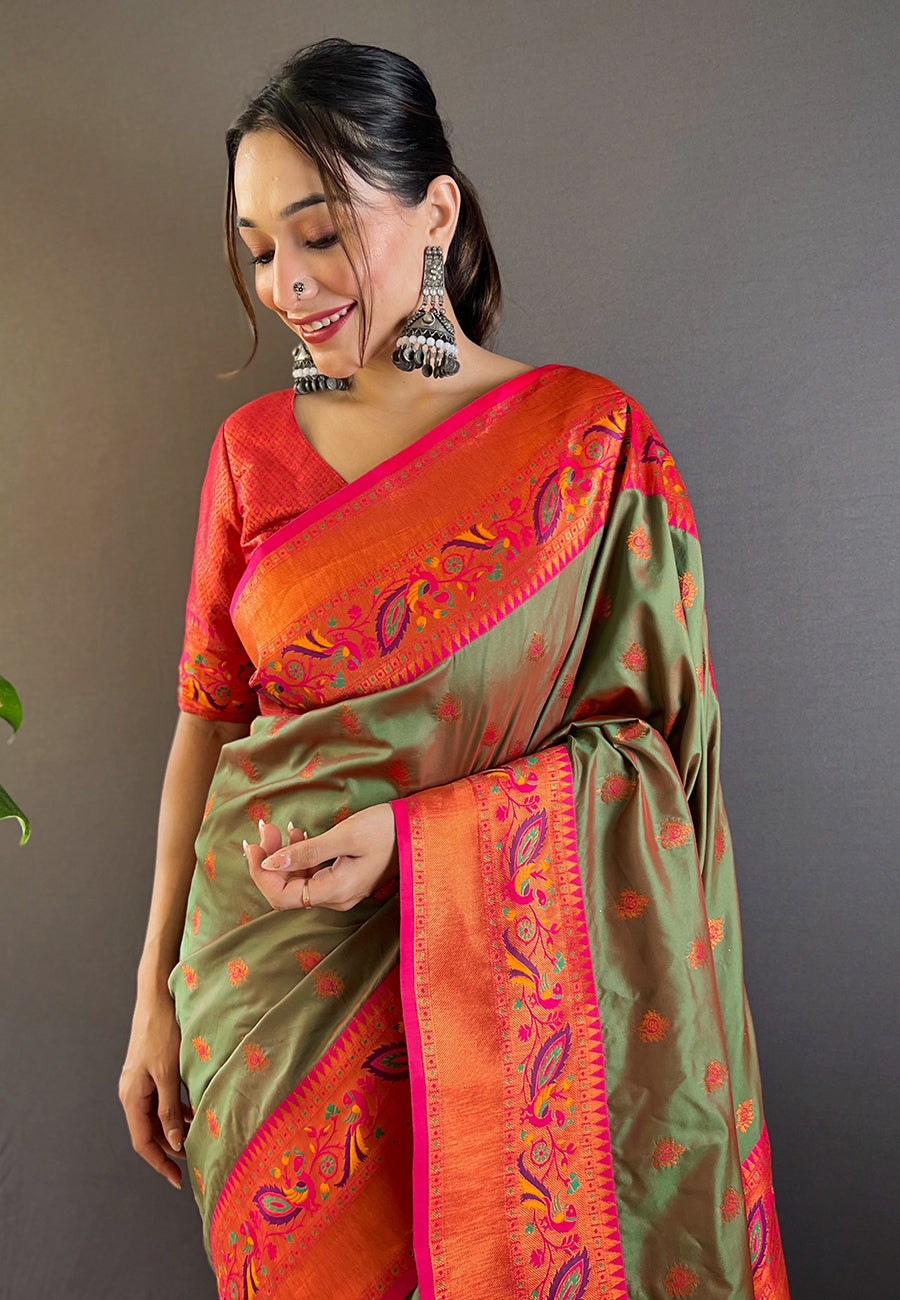 Mehendi green original maharashtrian meenakari yeola paithani silk zari woven saree