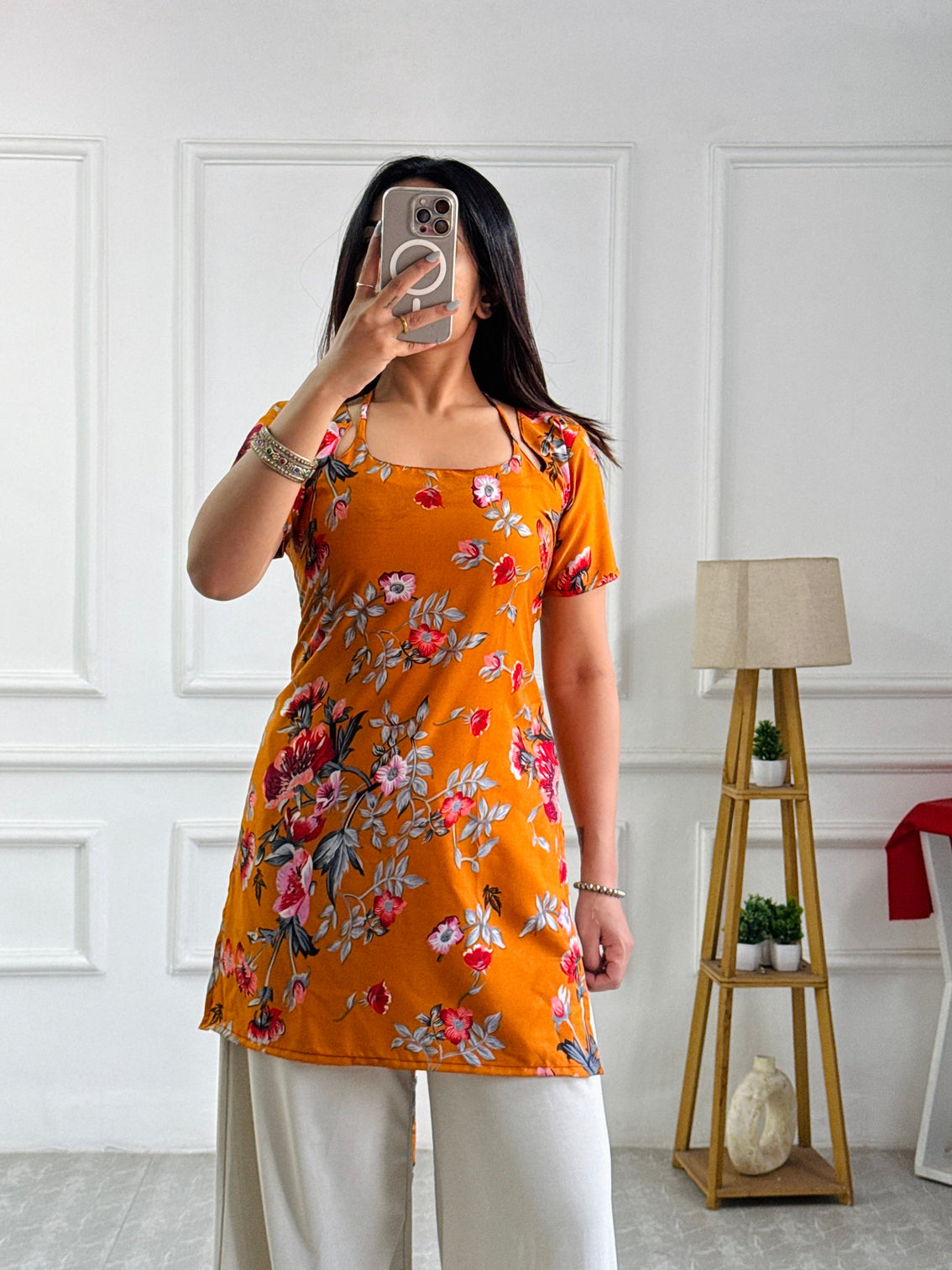 Marigold floral print kurti with adjustable corset back mameraa
