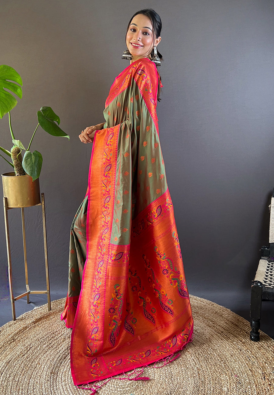 Mehendi green original maharashtrian meenakari yeola paithani silk zari woven saree