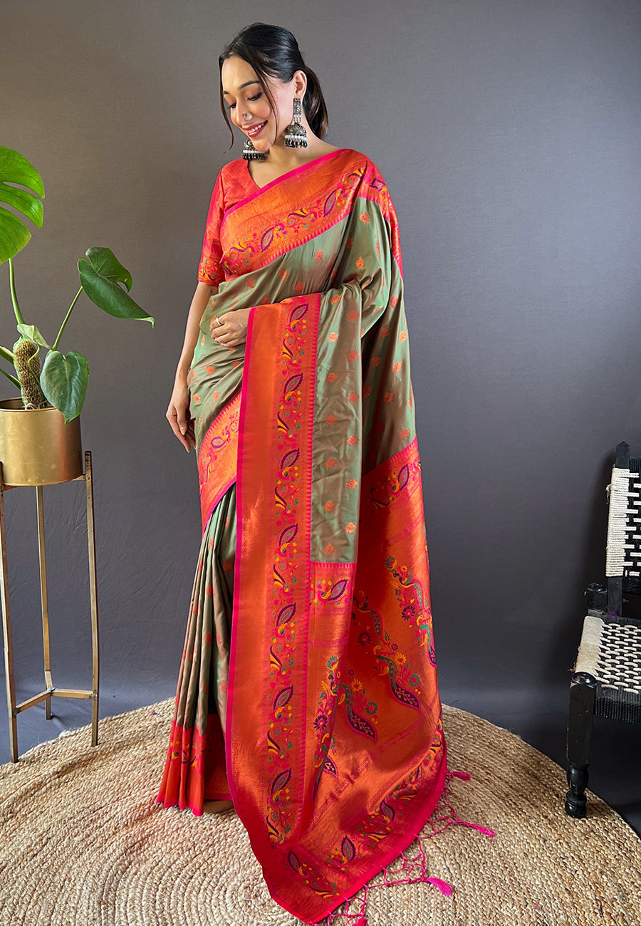 Mehendi green original maharashtrian meenakari yeola paithani silk zari woven saree