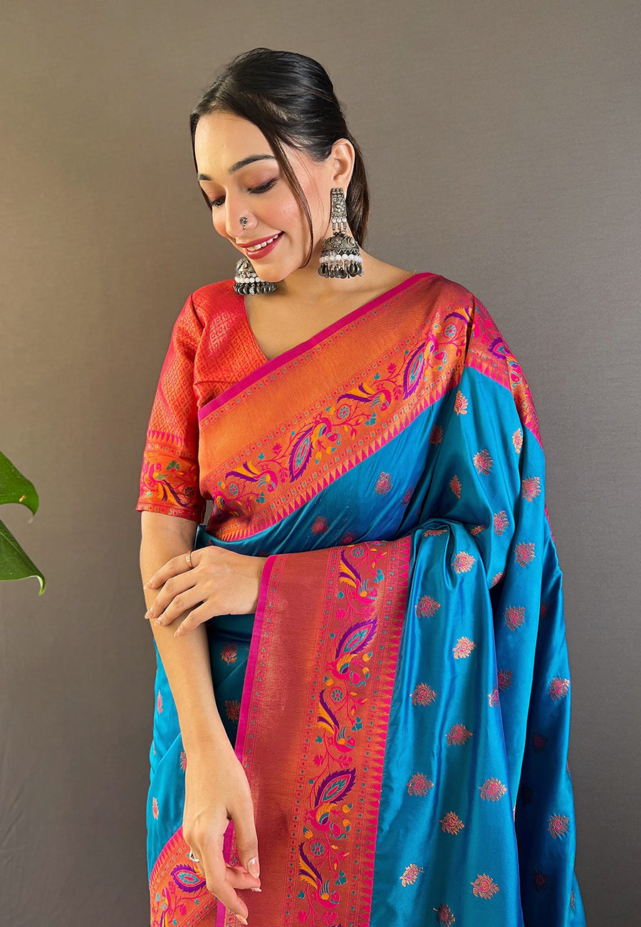 Blue original maharashtrian meenakari yeola paithani silk zari woven saree