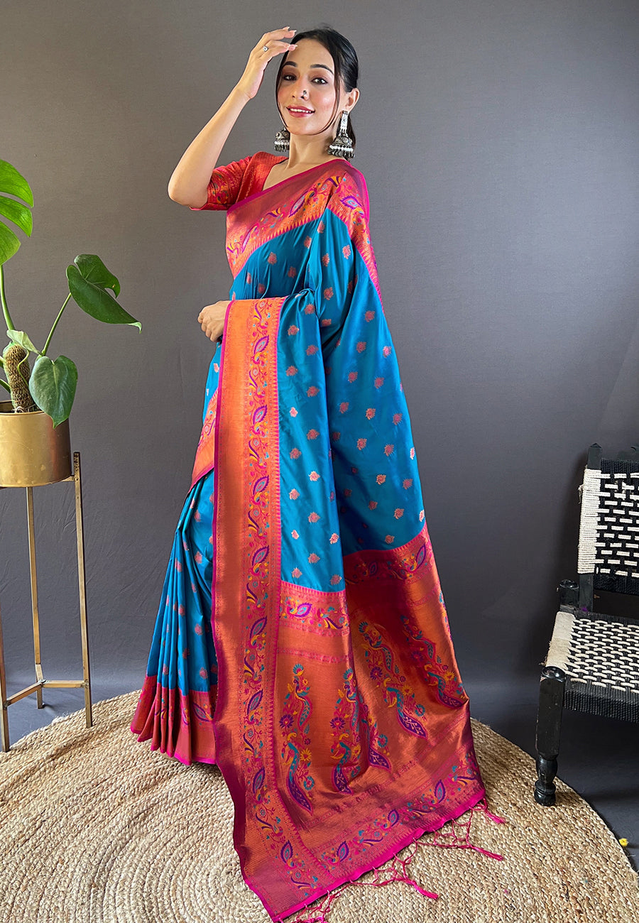 Blue original maharashtrian meenakari yeola paithani silk zari woven saree