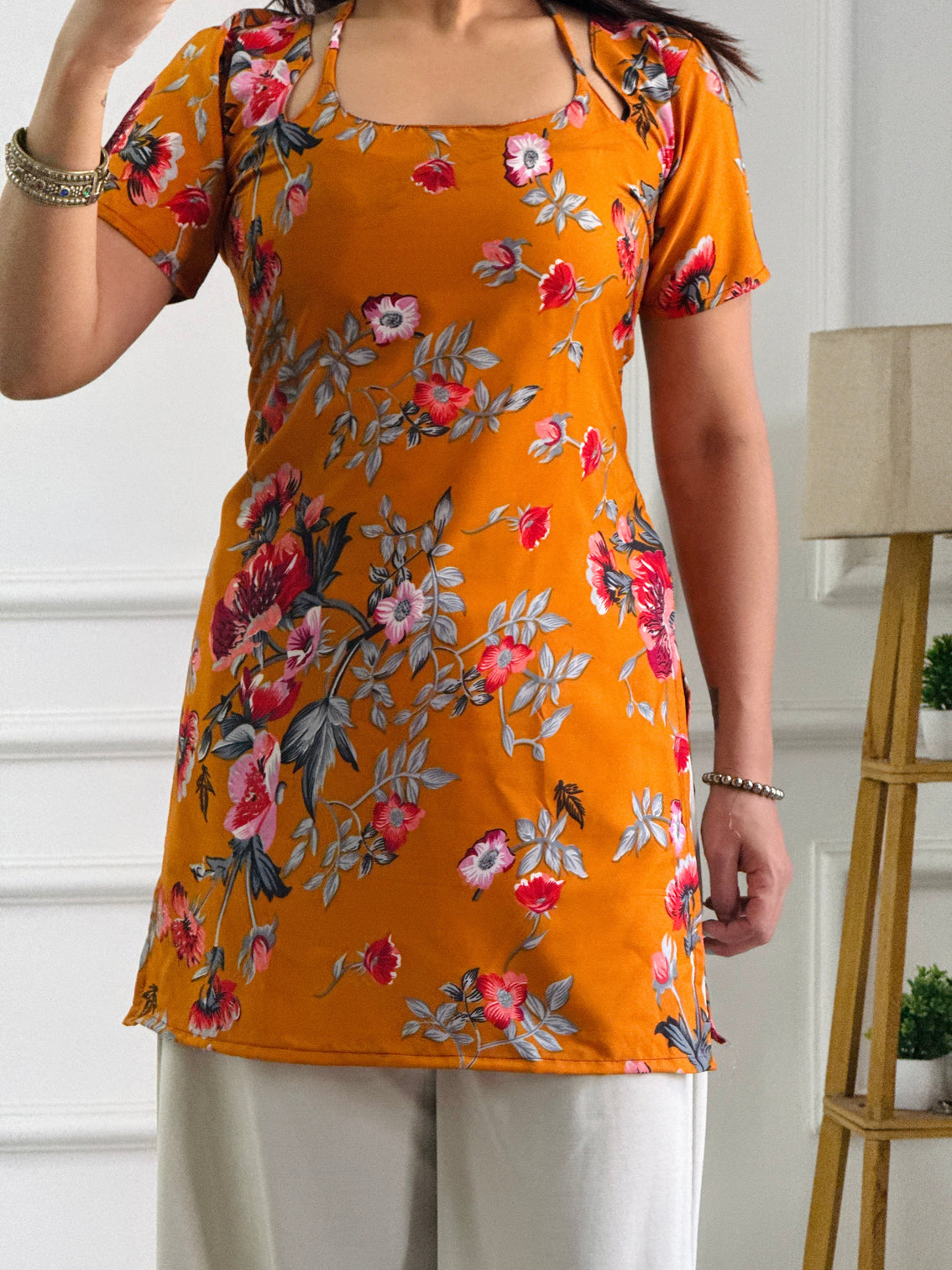 Marigold floral print kurti with adjustable corset back