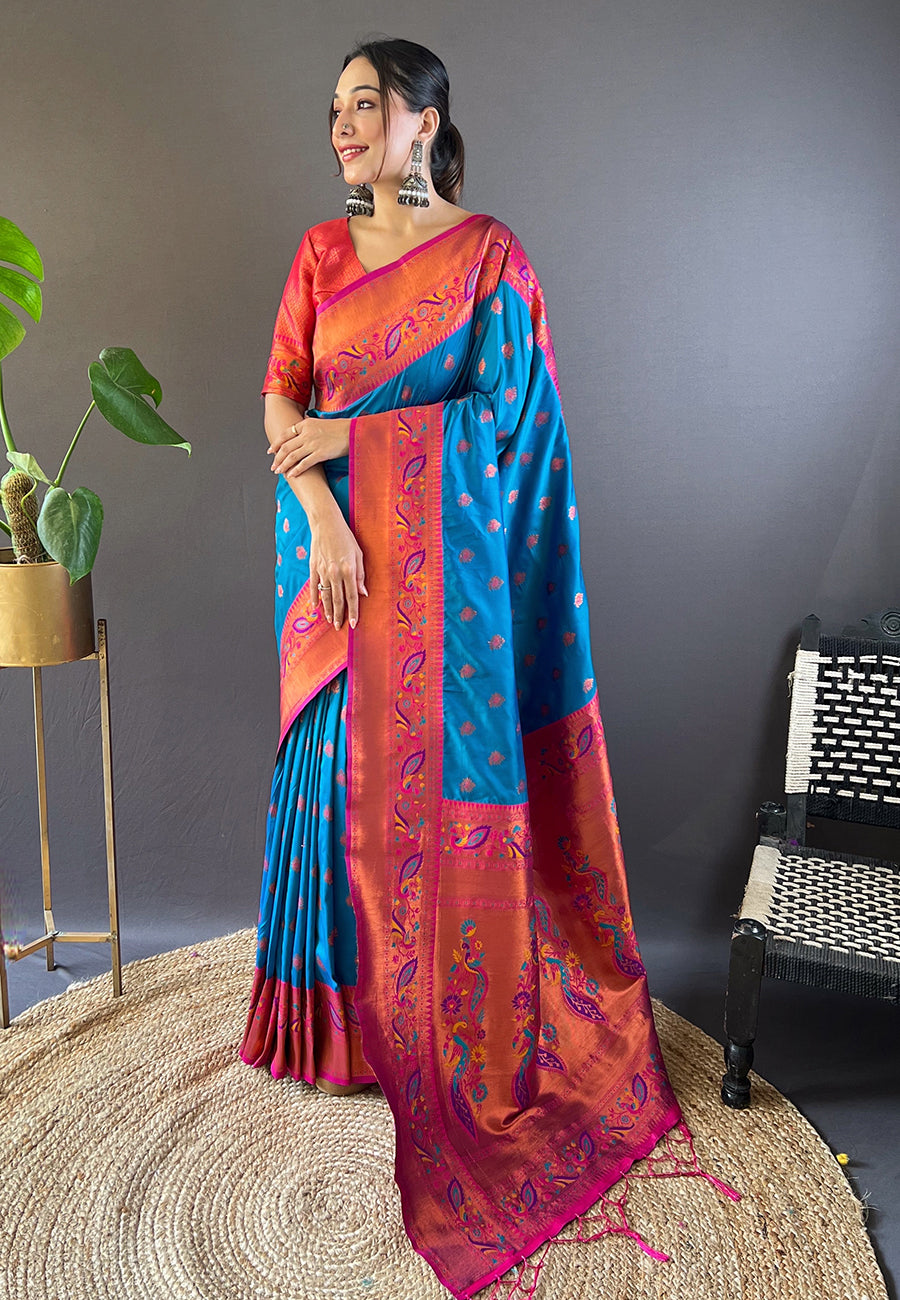 Blue original maharashtrian meenakari yeola paithani silk zari woven saree