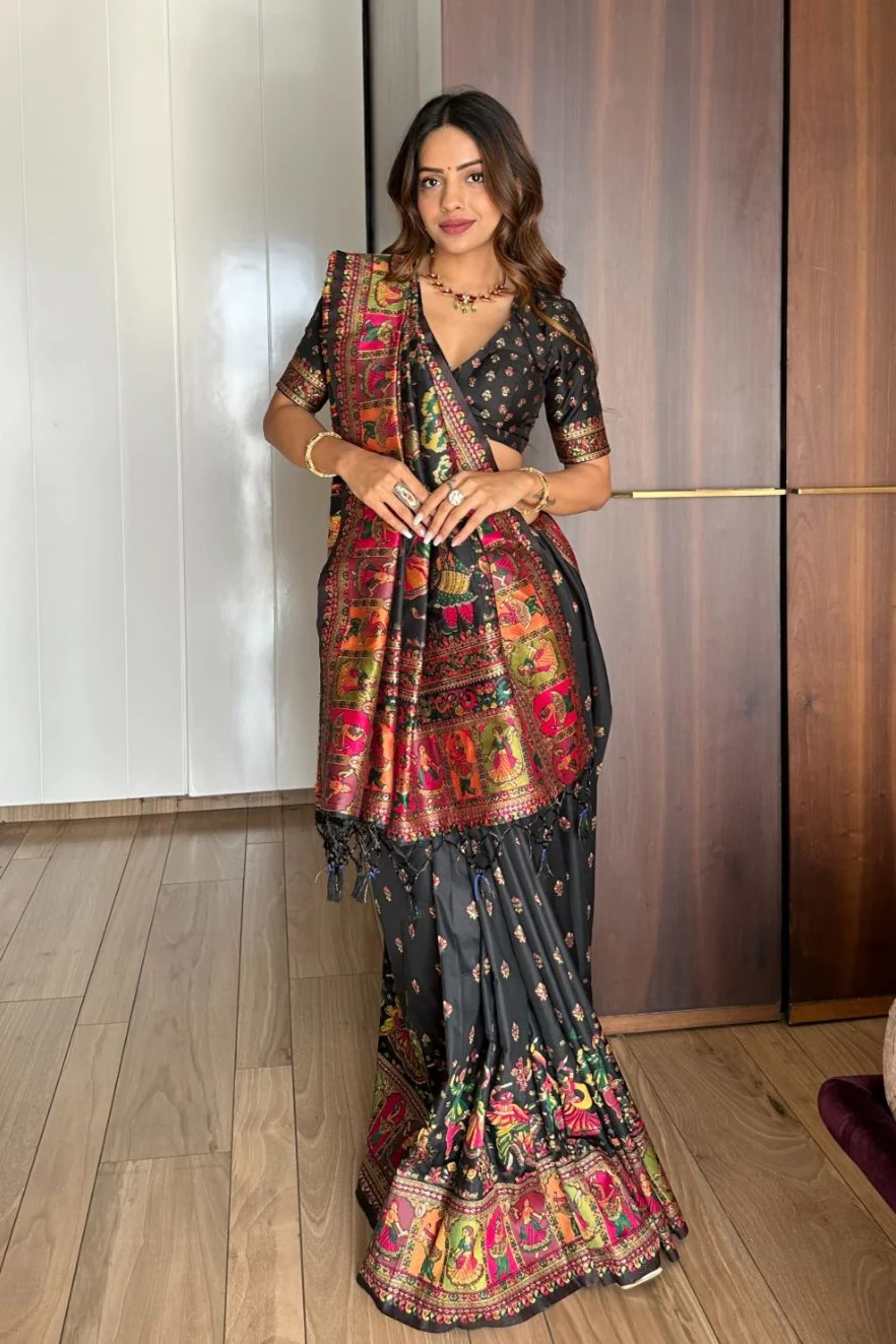 Black pashmina kashmiri silk zari woven saree