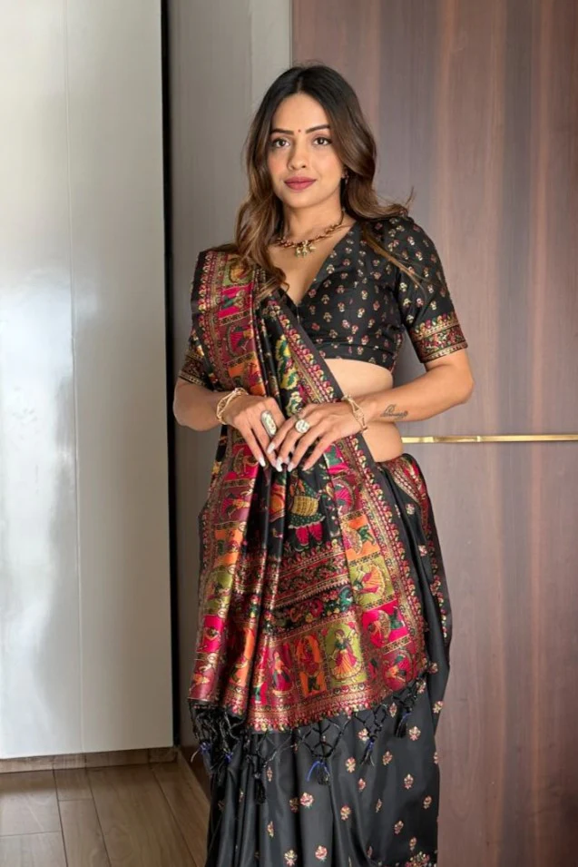 Black pashmina kashmiri silk zari woven saree