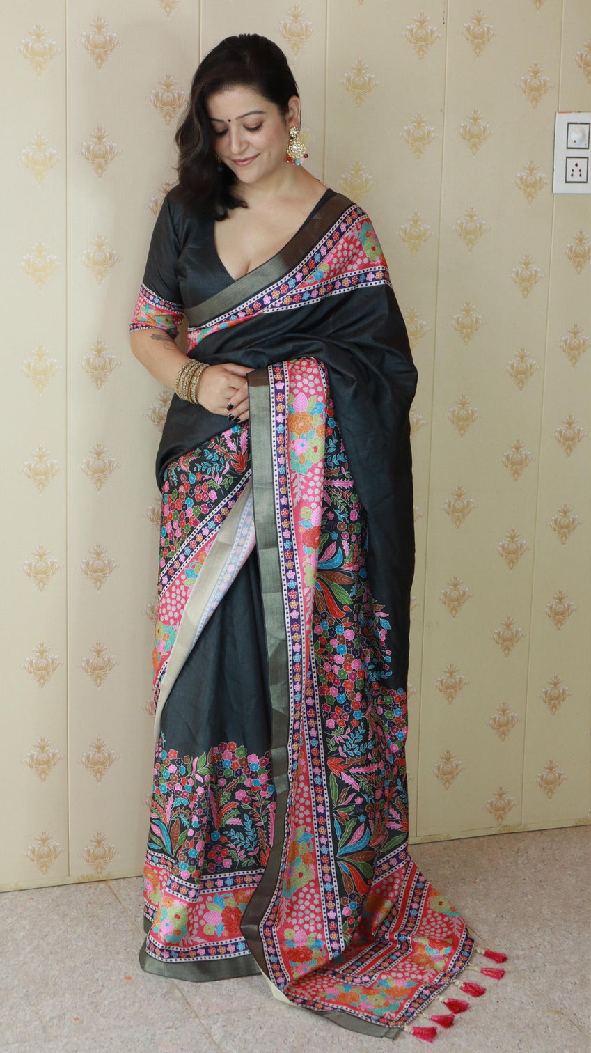 Black tussar silk floral printed saree with zari woven border