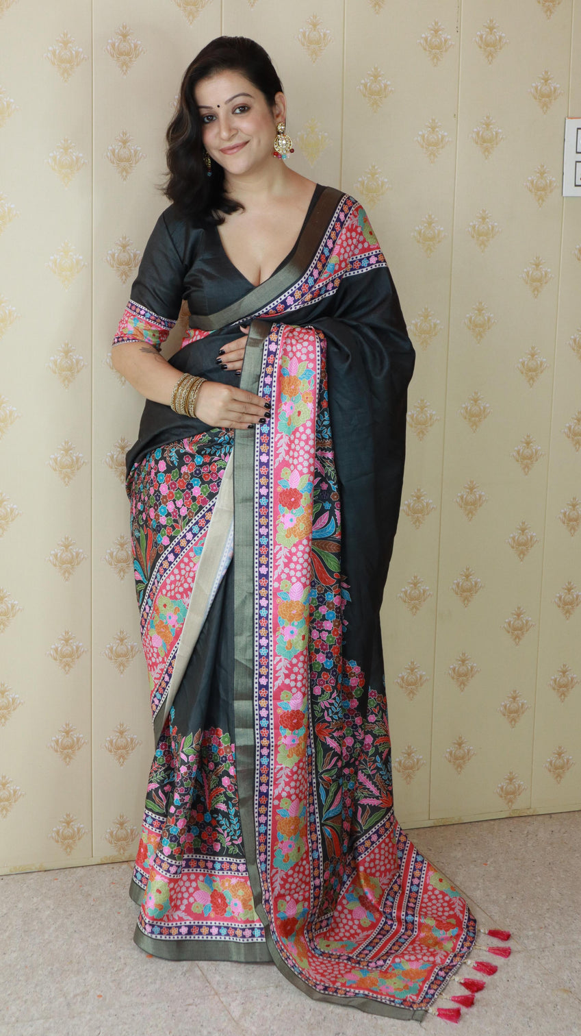 Black tussar silk floral printed saree with zari woven border