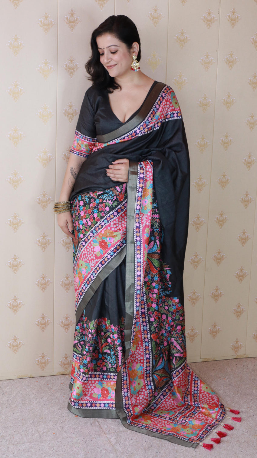 Black tussar silk floral printed saree with zari woven border