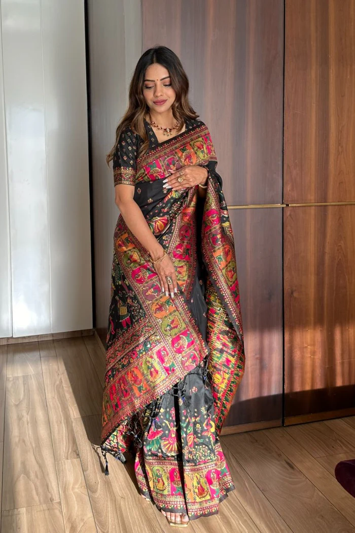 Black pashmina kashmiri silk zari woven saree