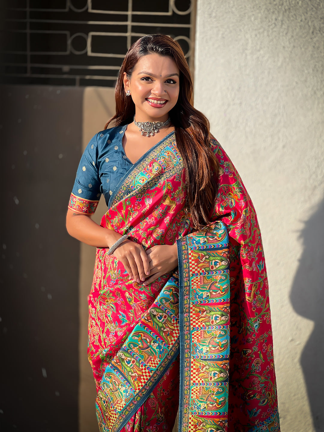 Pink pure viscose silk position printed darbari saree