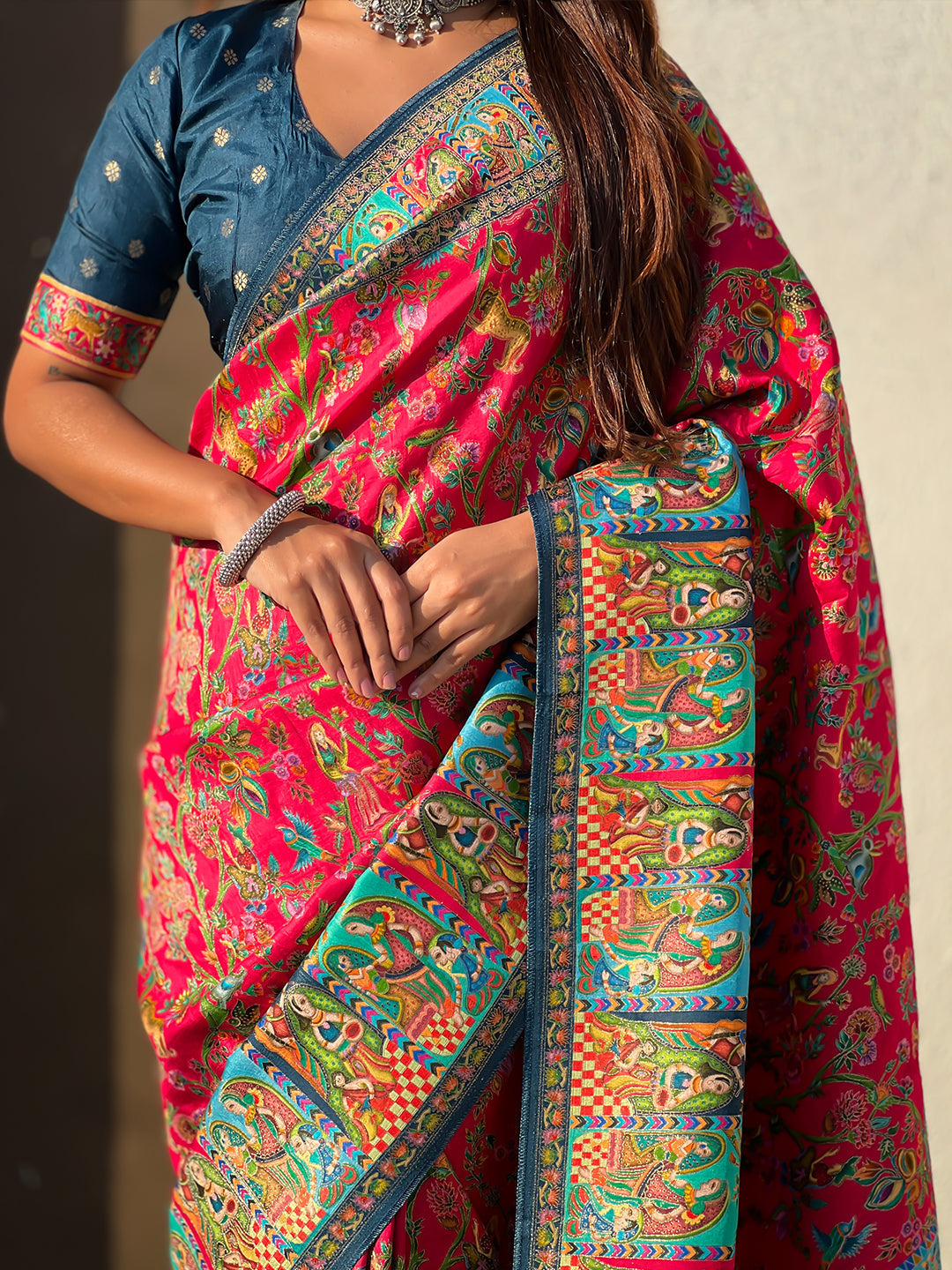 Pink pure viscose silk position printed darbari saree