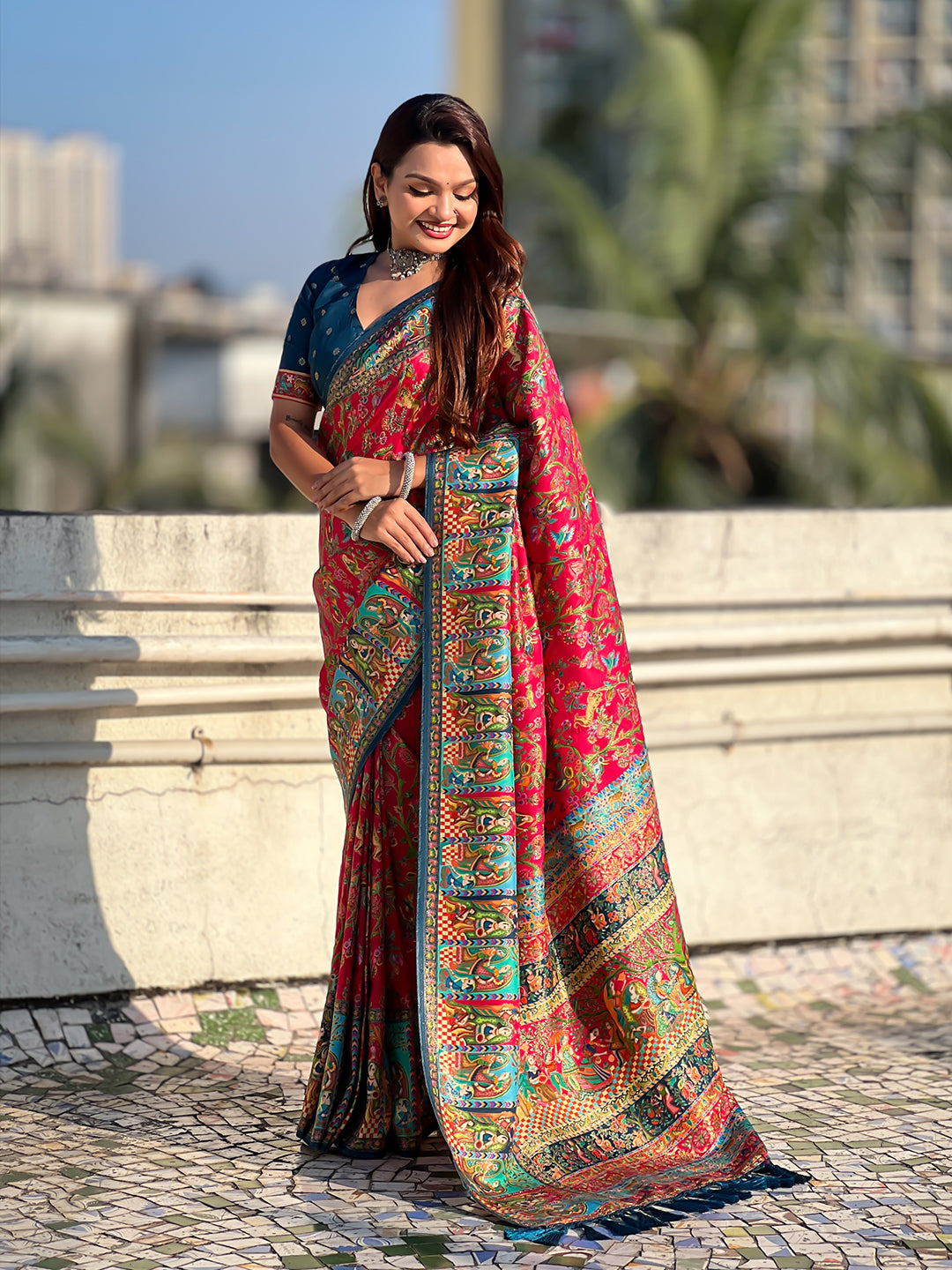 Pink pure viscose silk position printed darbari saree