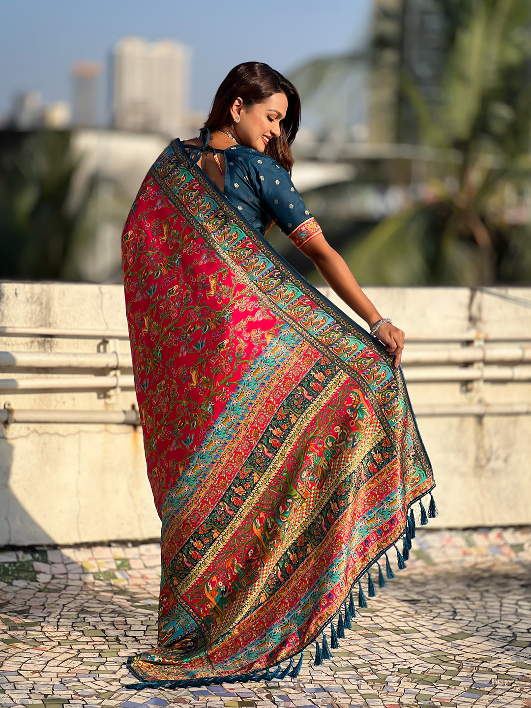 Pink pure viscose silk position printed darbari saree