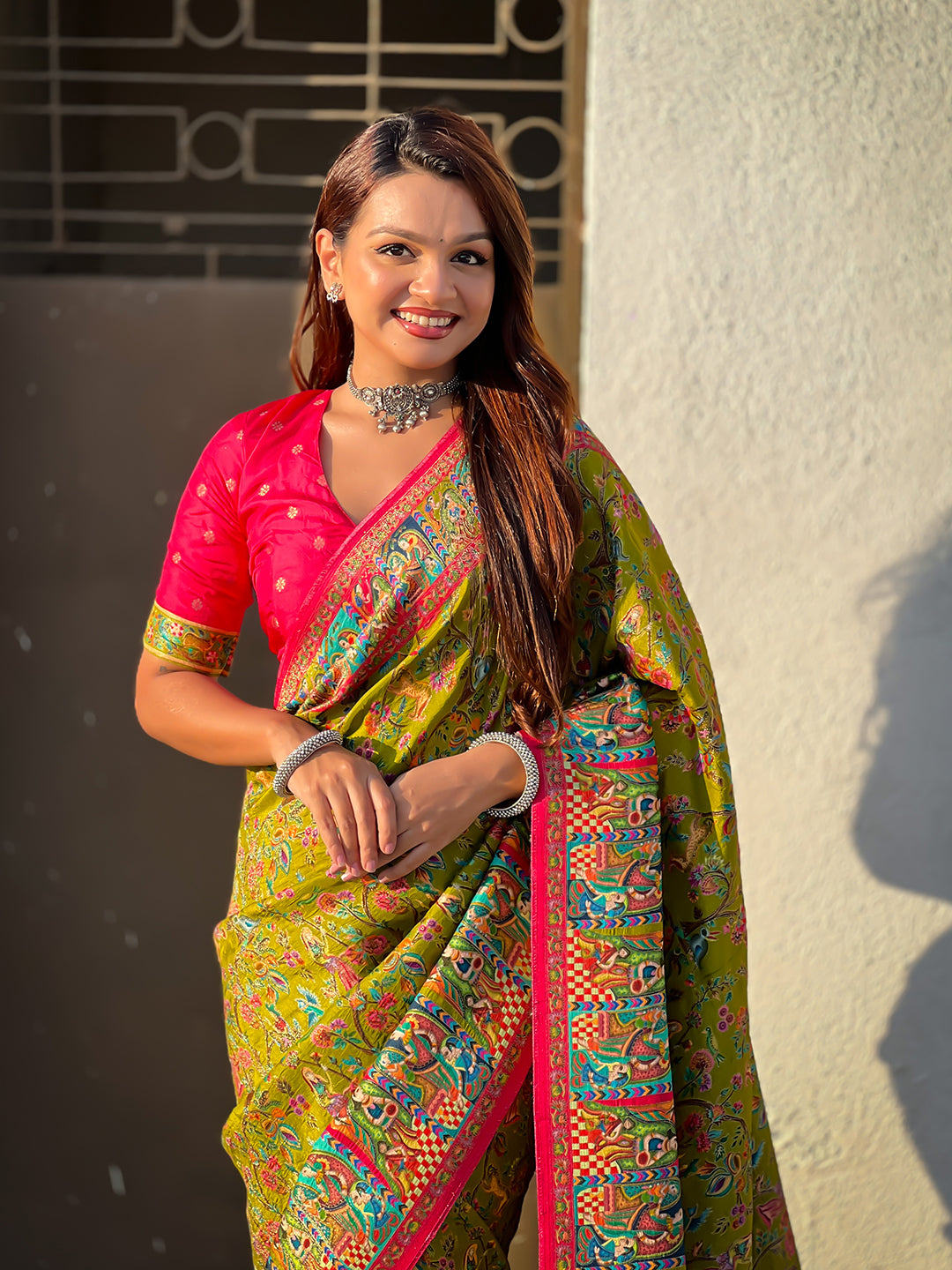 Mehendi green pure viscose silk position printed darbari saree