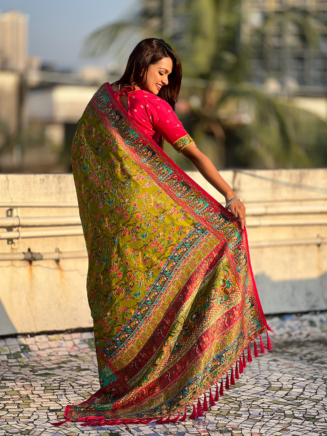 Mehendi green pure viscose silk position printed darbari saree
