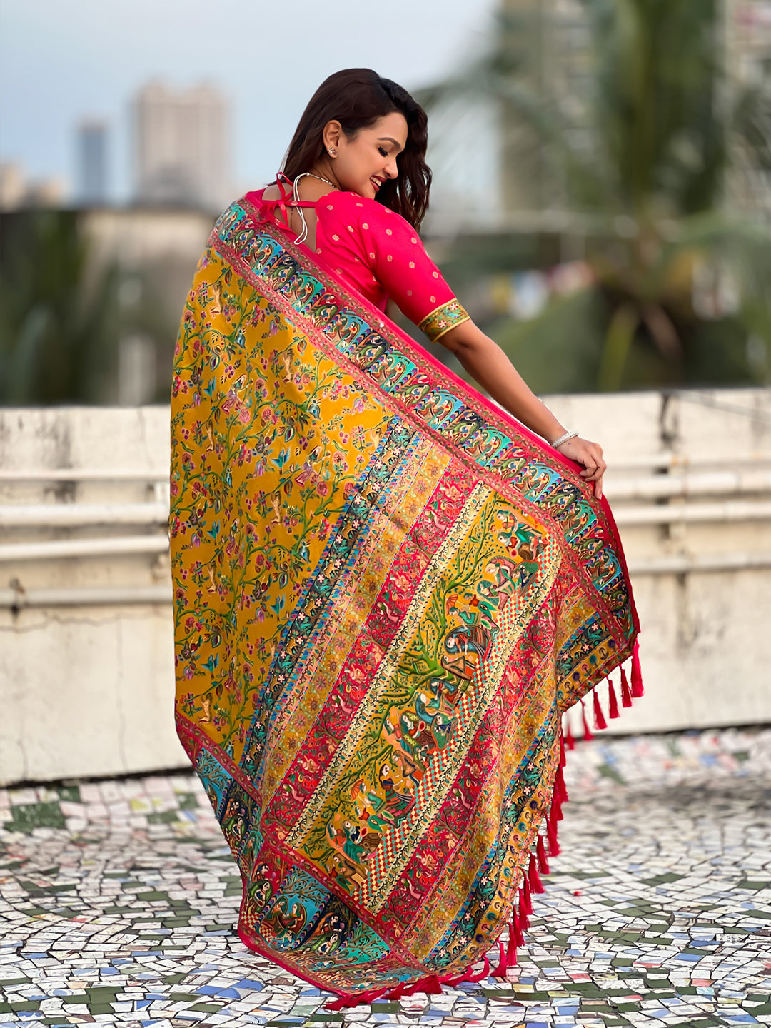 Mustard yellow pure viscose silk position printed darbari saree
