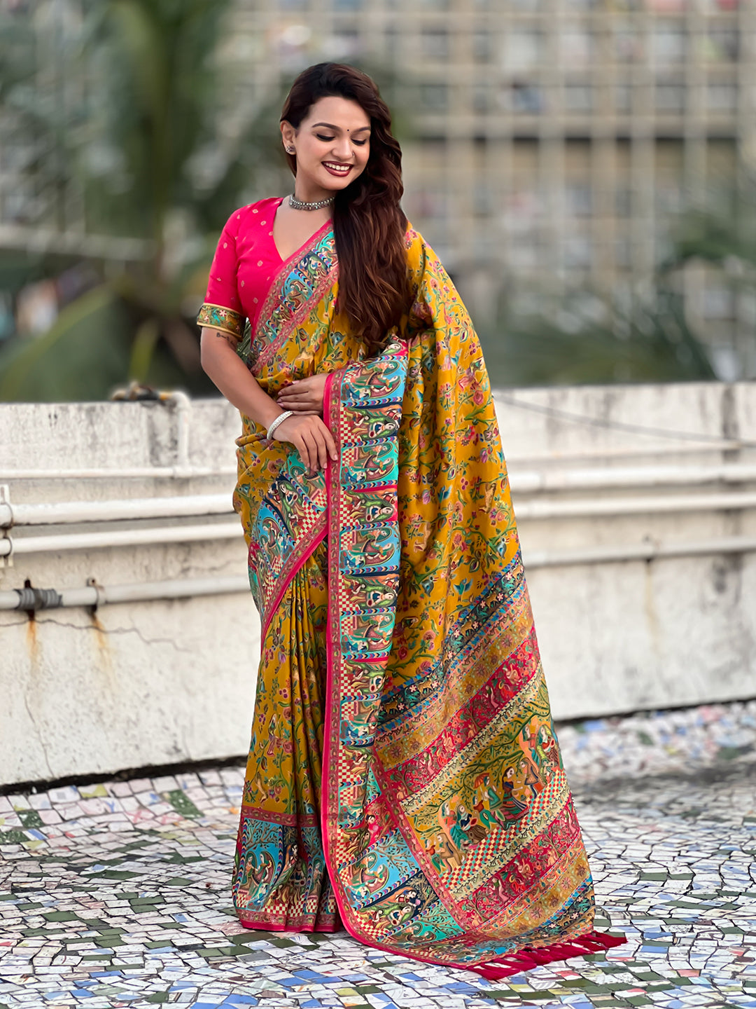 Mustard yellow pure viscose silk position printed darbari saree