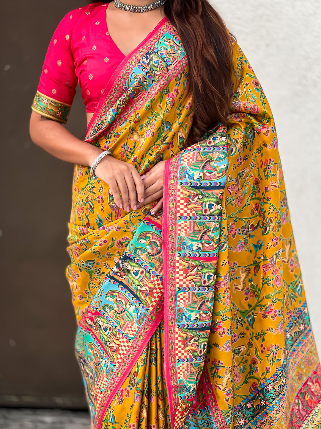 Mustard yellow pure viscose silk position printed darbari saree