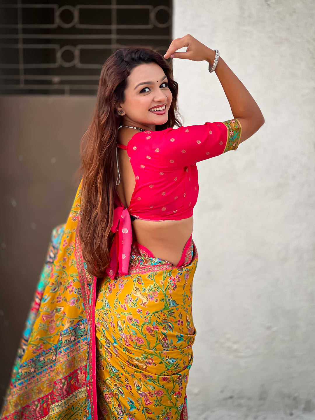 Mustard yellow pure viscose silk position printed darbari saree