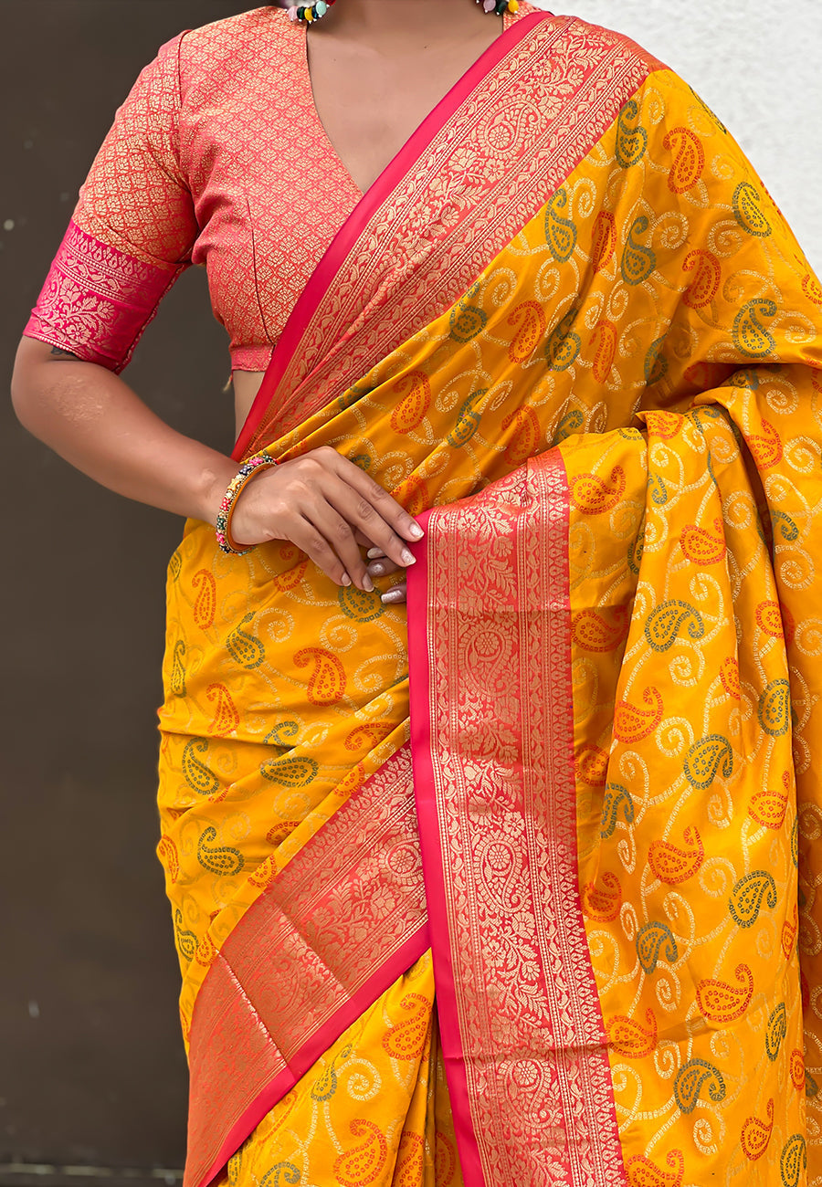 Mustard soft silk zari woven bandhani patola saree with contrast weaves