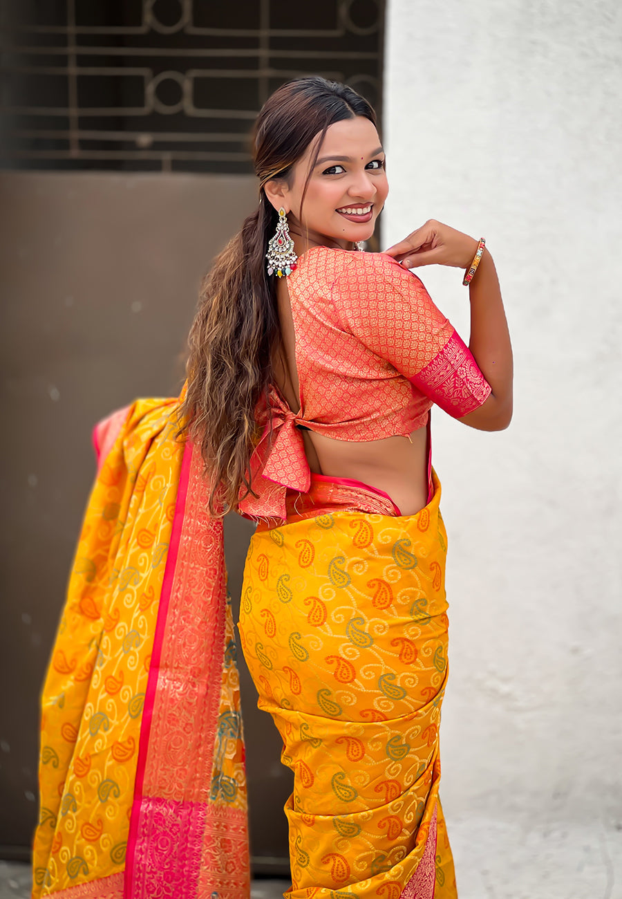 Mustard soft silk zari woven bandhani patola saree with contrast weaves