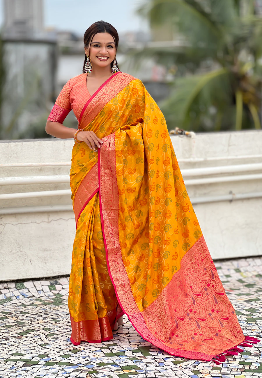 Mustard soft silk zari woven bandhani patola saree with contrast weaves