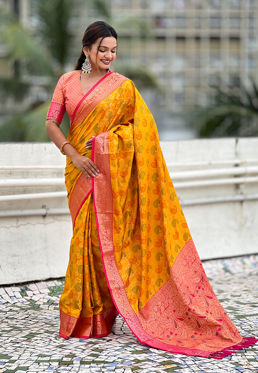 Mustard soft silk zari woven bandhani patola saree with contrast weaves