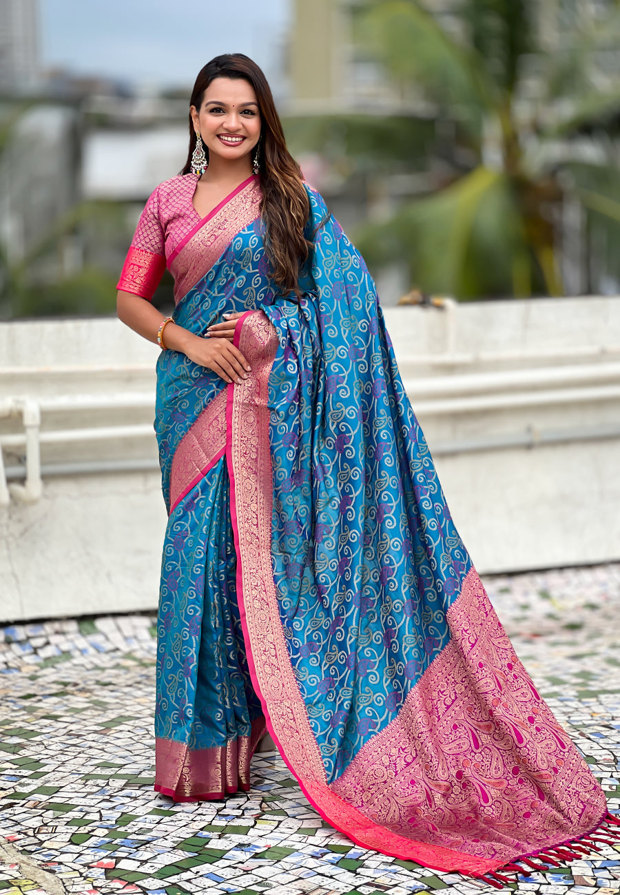 Blue soft silk zari woven bandhani patola saree with contrast weaves