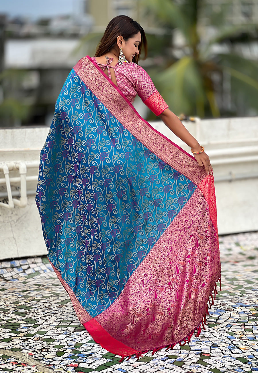 Blue soft silk zari woven bandhani patola saree with contrast weaves