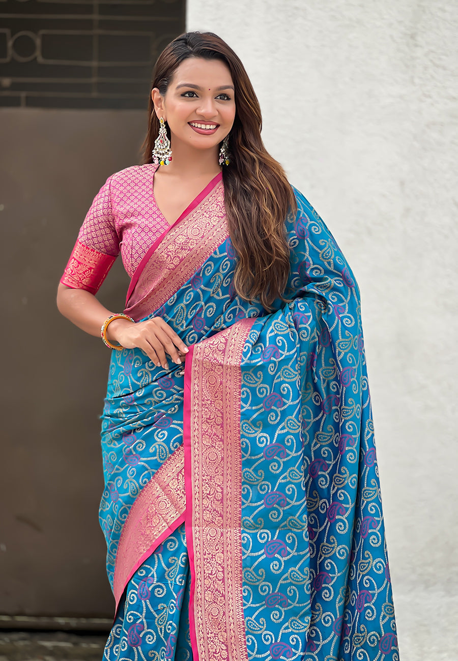 Blue soft silk zari woven bandhani patola saree with contrast weaves