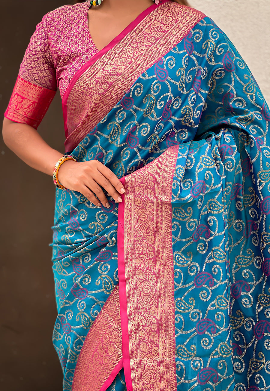 Blue soft silk zari woven bandhani patola saree with contrast weaves