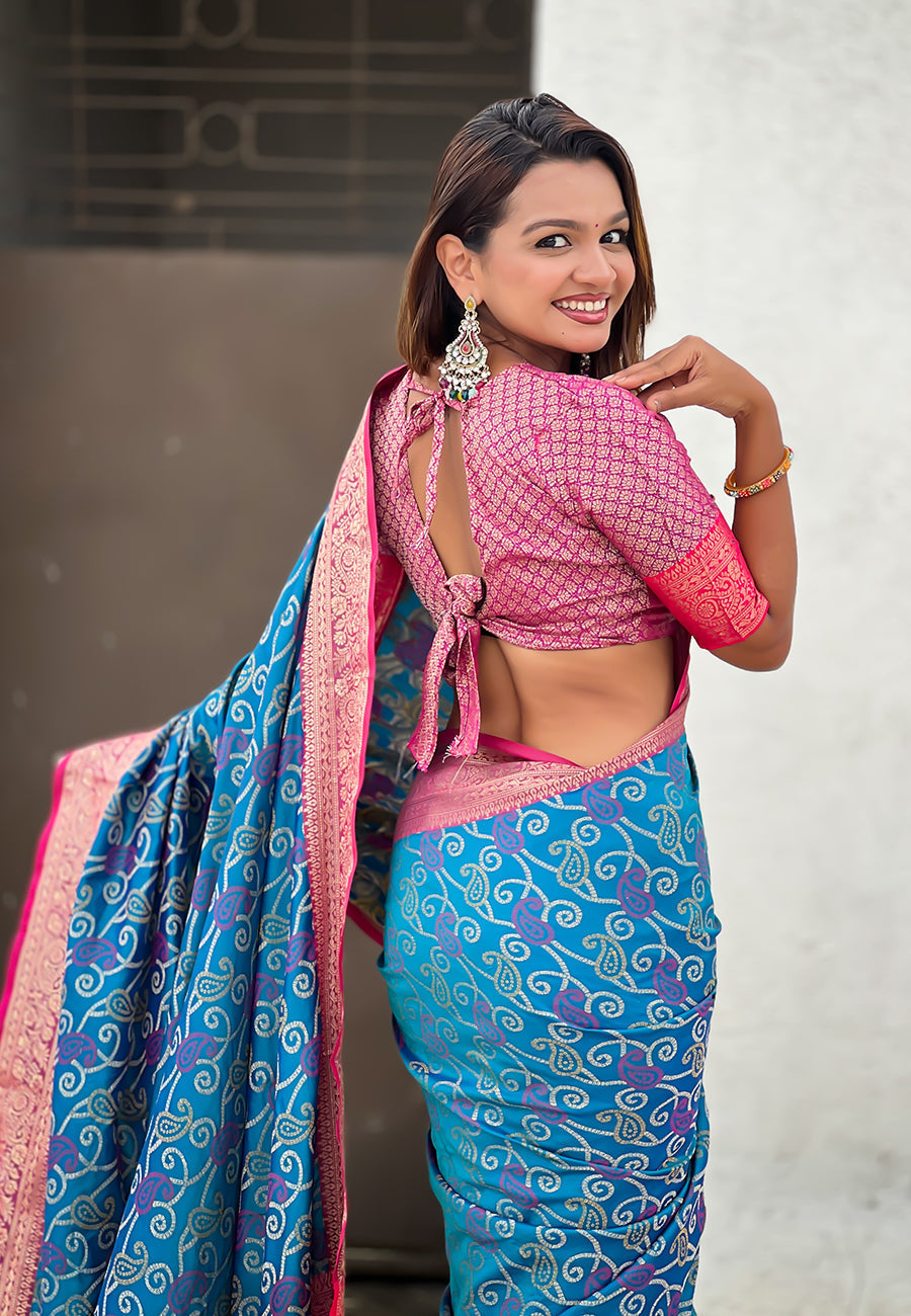 Blue soft silk zari woven bandhani patola saree with contrast weaves