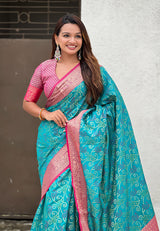 Aqua Blue Soft Silk Zari Woven Bandhani Patola Saree with Contrast Weaves