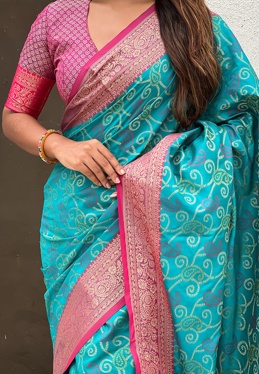Aqua Blue Soft Silk Zari Woven Bandhani Patola Saree with Contrast Weaves