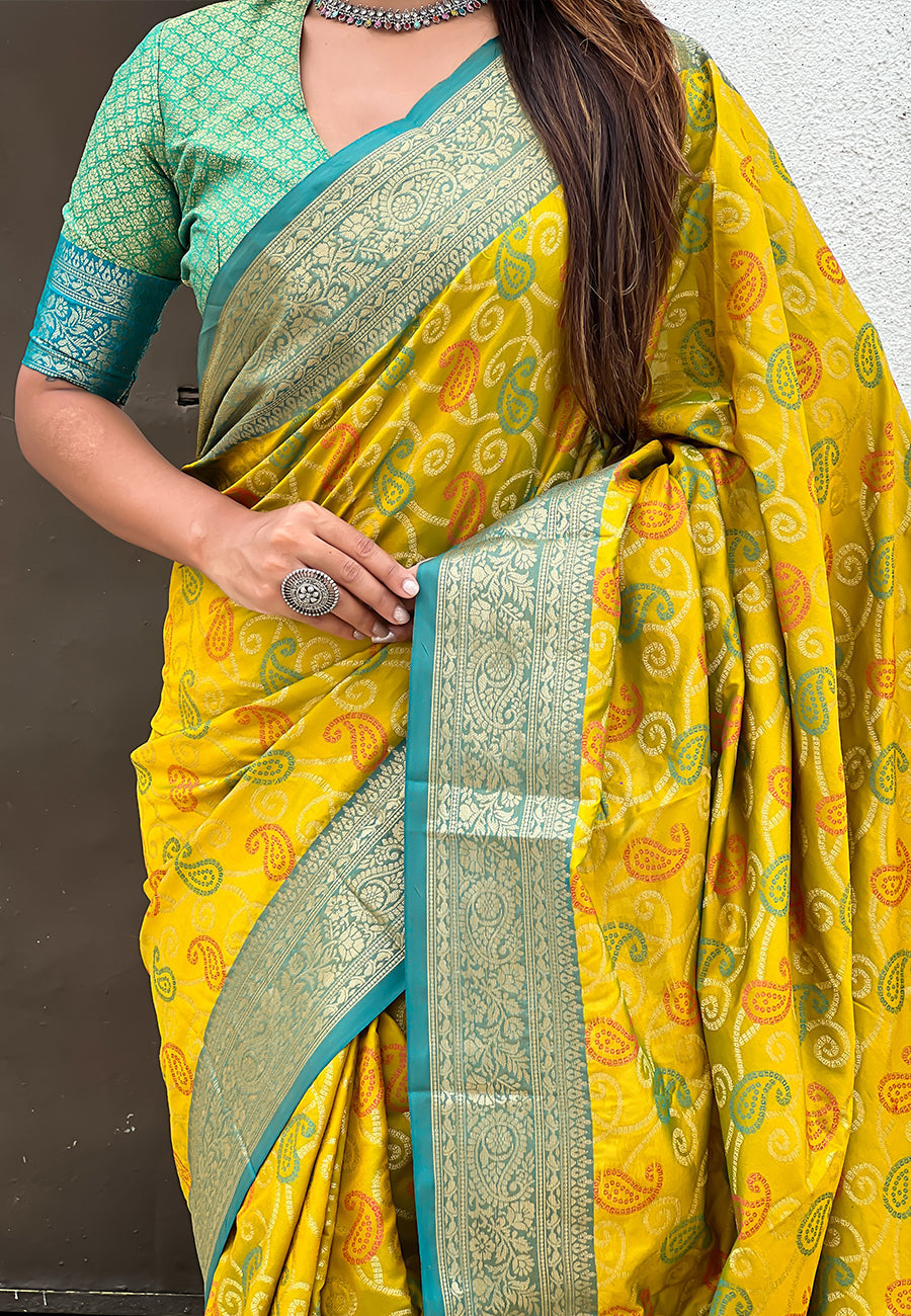 Mehendi green soft silk zari woven bandhani patola saree with contrast weaves