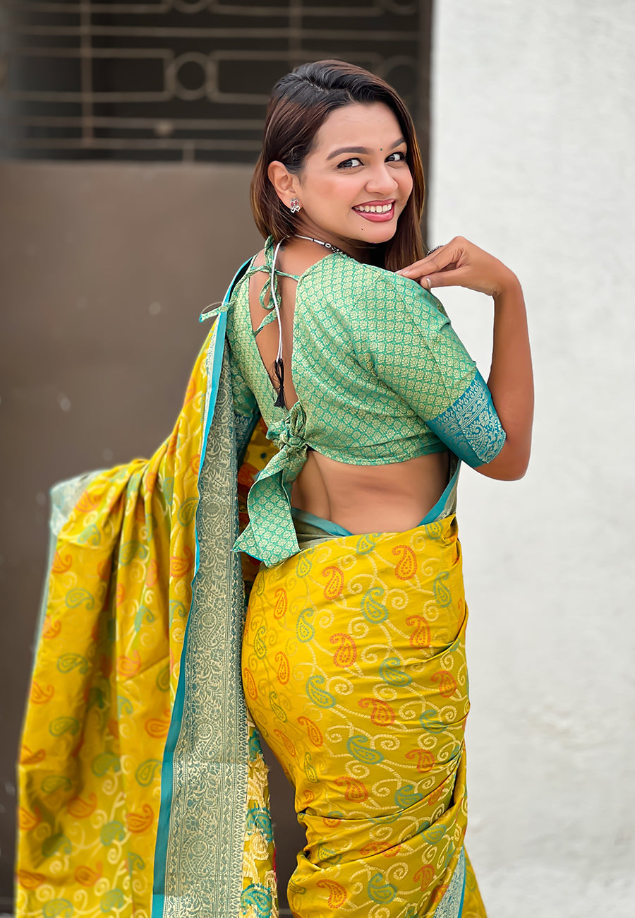 Mehendi green soft silk zari woven bandhani patola saree with contrast weaves