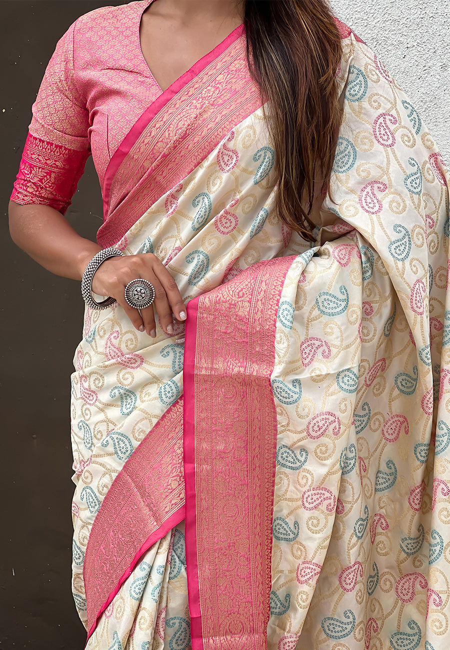 Cream soft silk zari woven bandhani patola saree with contrast weaves