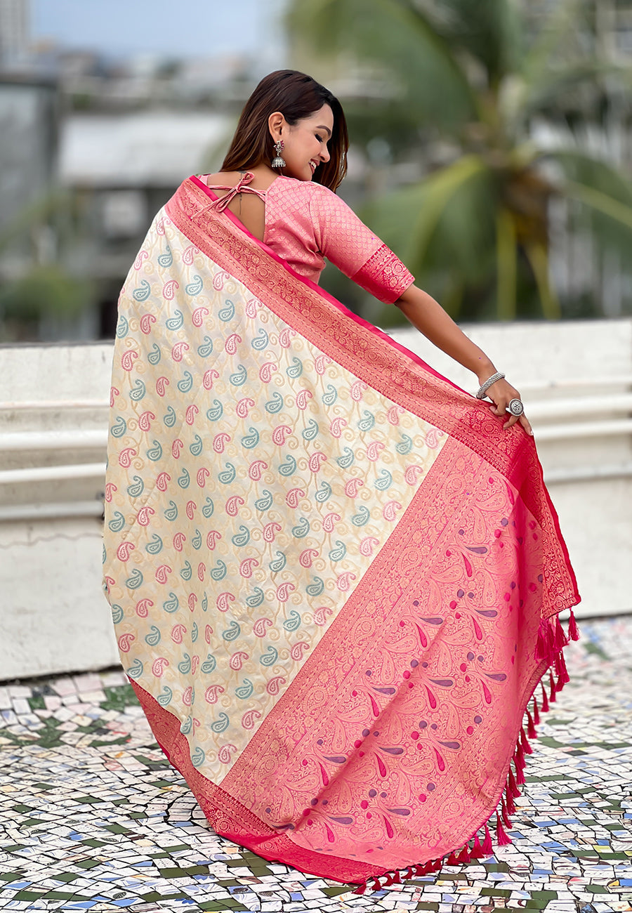 Cream soft silk zari woven bandhani patola saree with contrast weaves