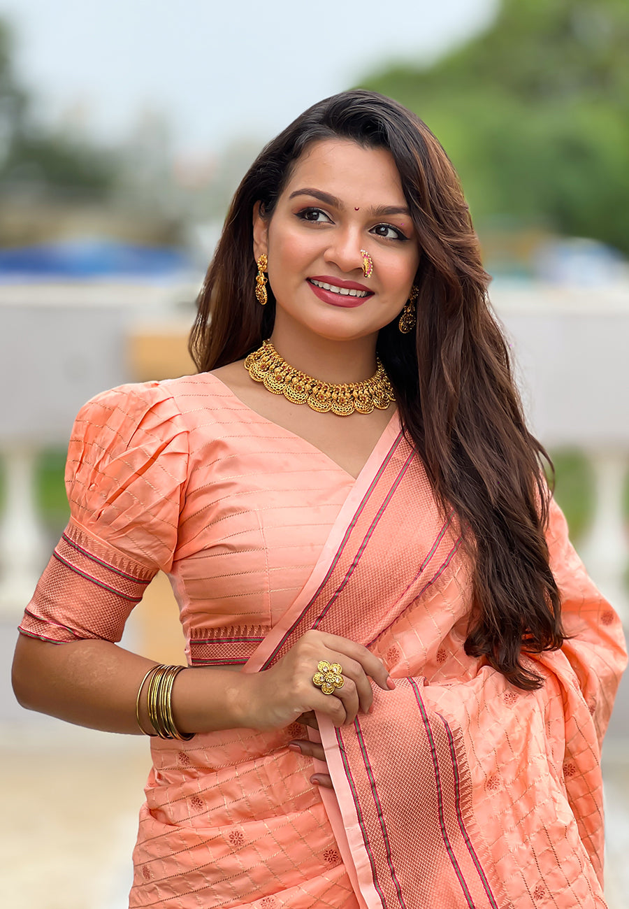 Peach checks paithani silk zari woven saree
