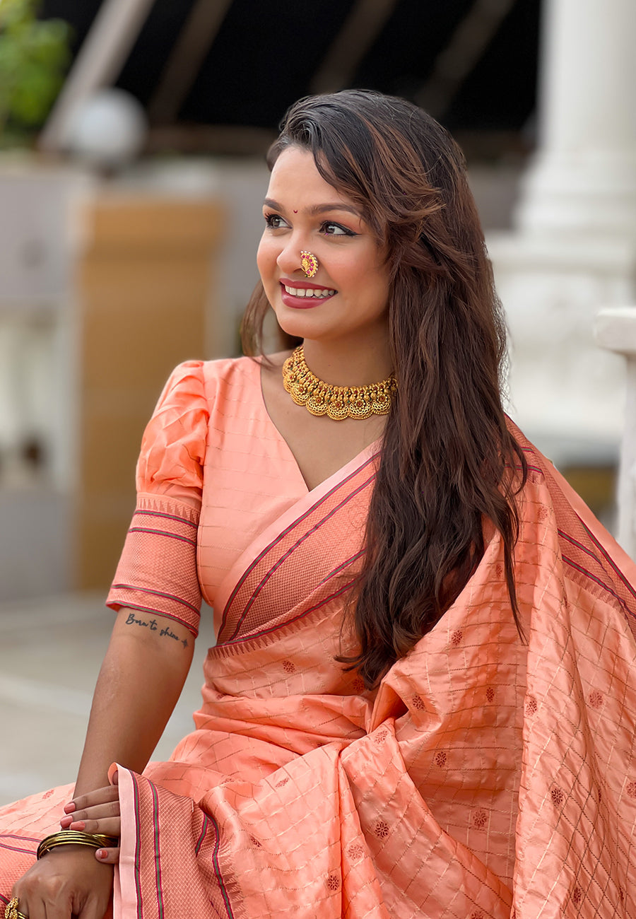 Peach checks paithani silk zari woven saree