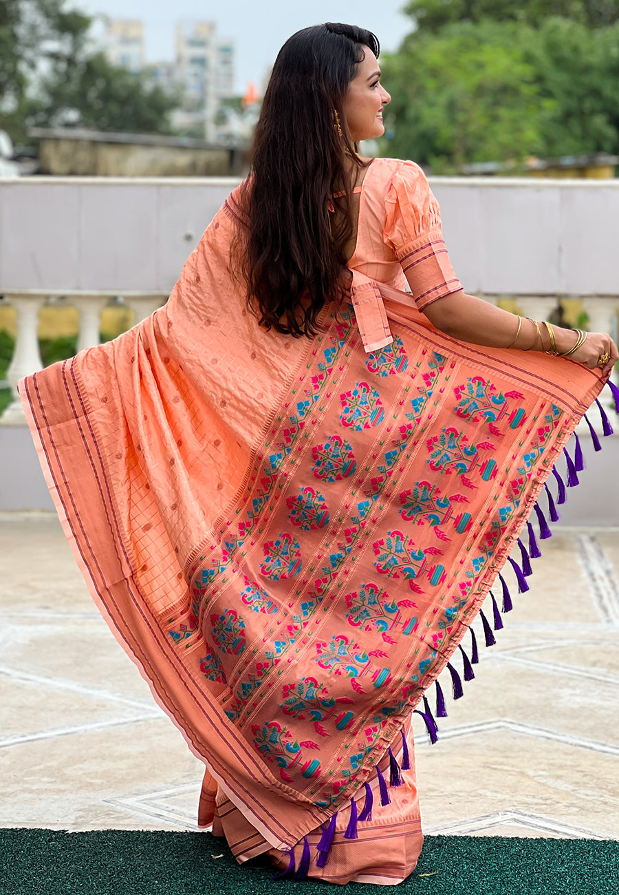 Peach checks paithani silk zari woven saree