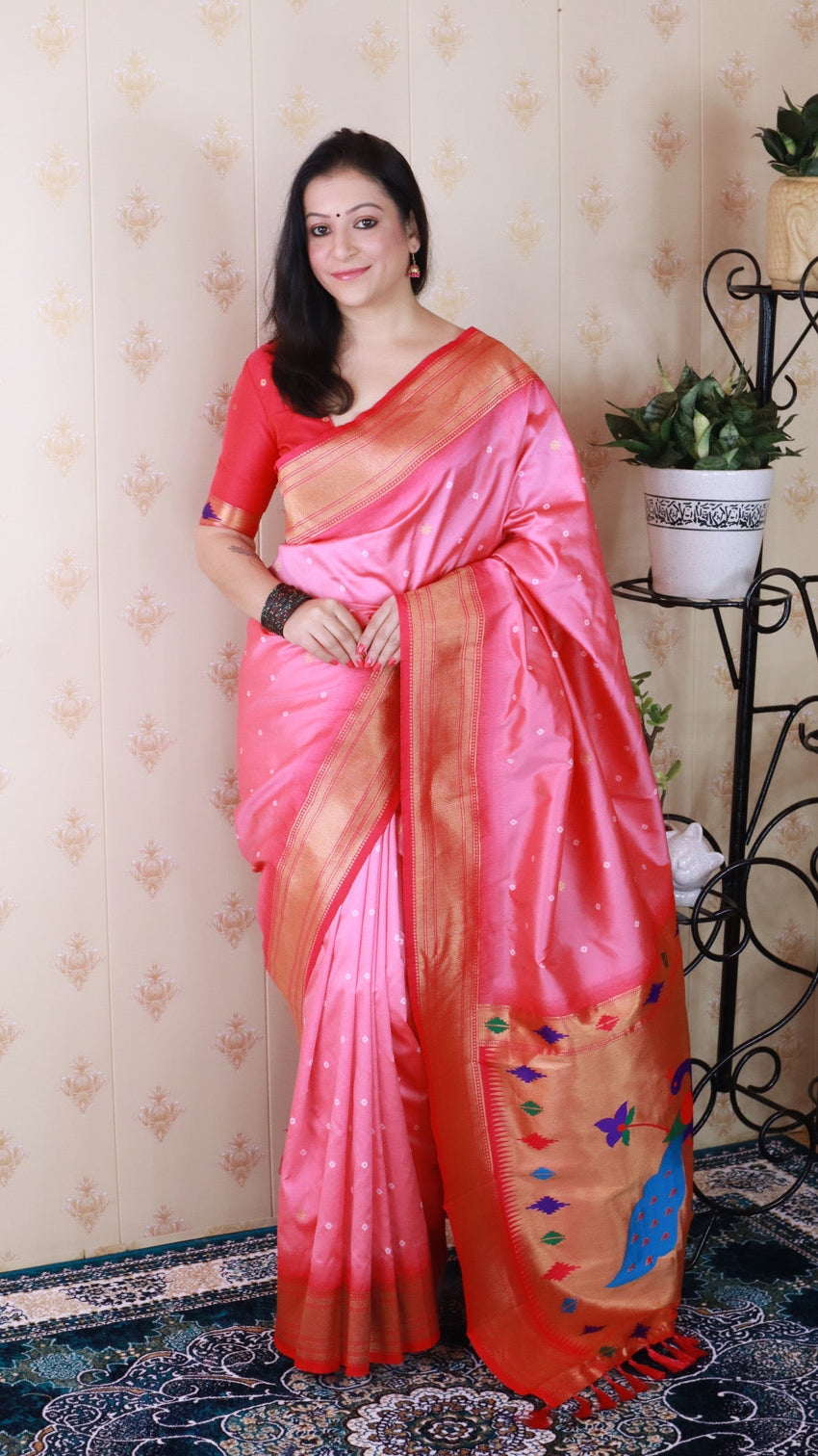 Baby pink bandhani paithani silk zari woven saree