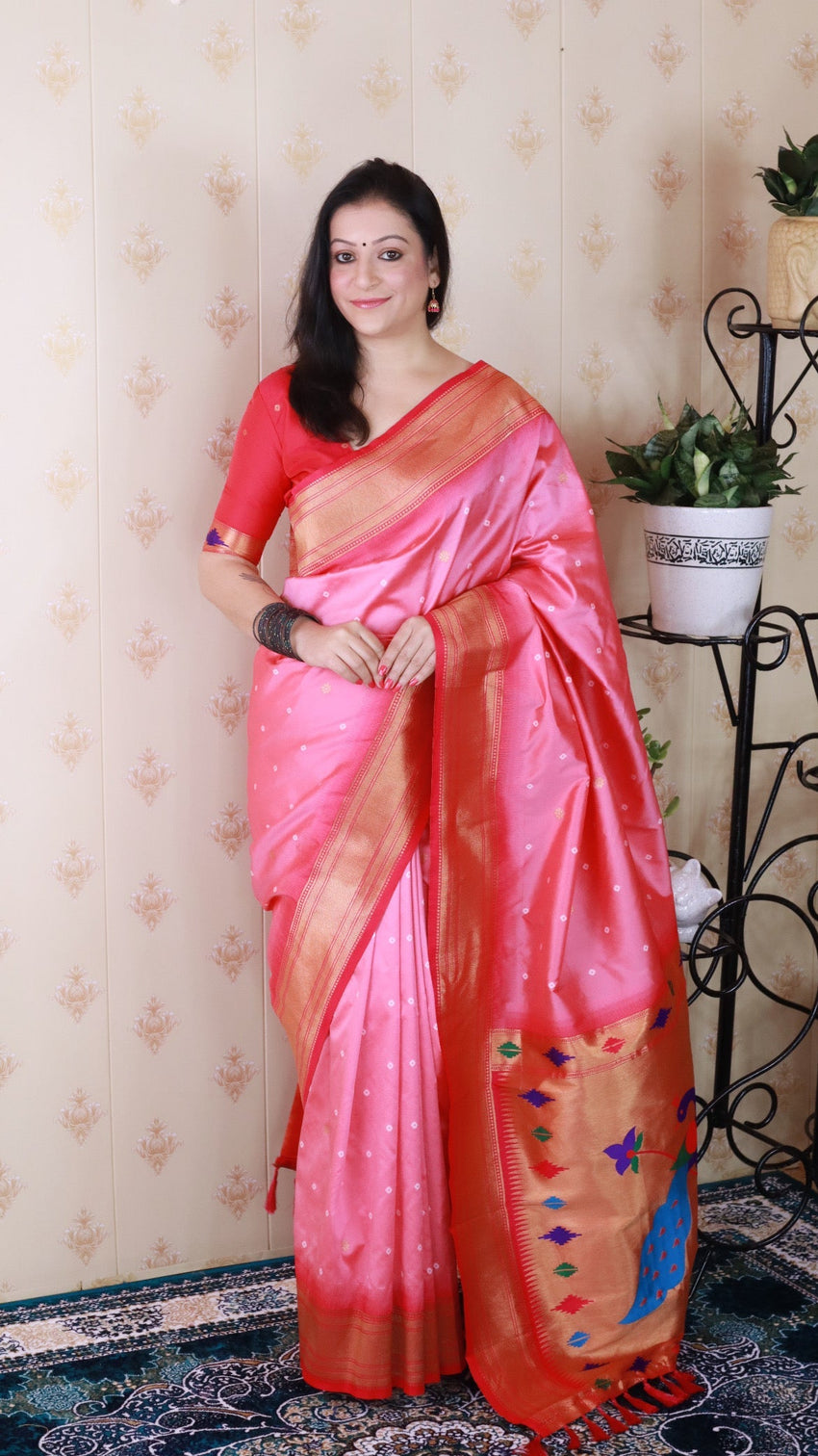 Baby pink bandhani paithani silk zari woven saree