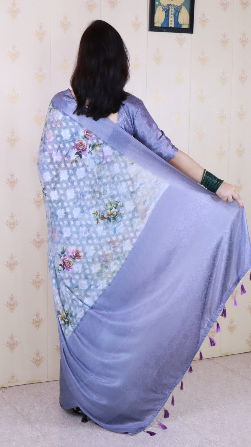 Blue soft georgette floral printed zari woven saree