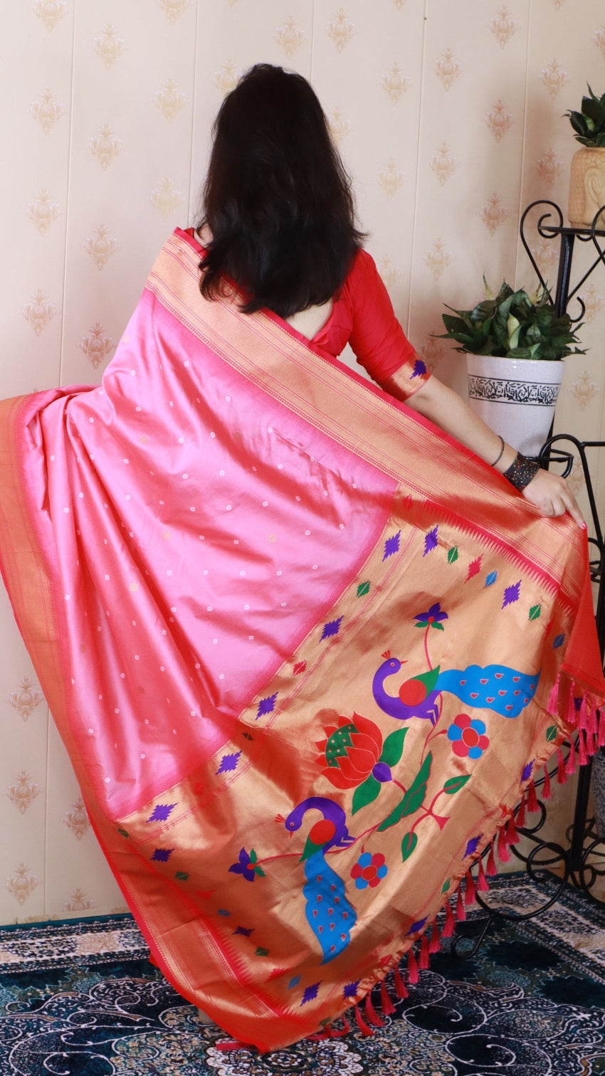 Baby pink bandhani paithani silk zari woven saree
